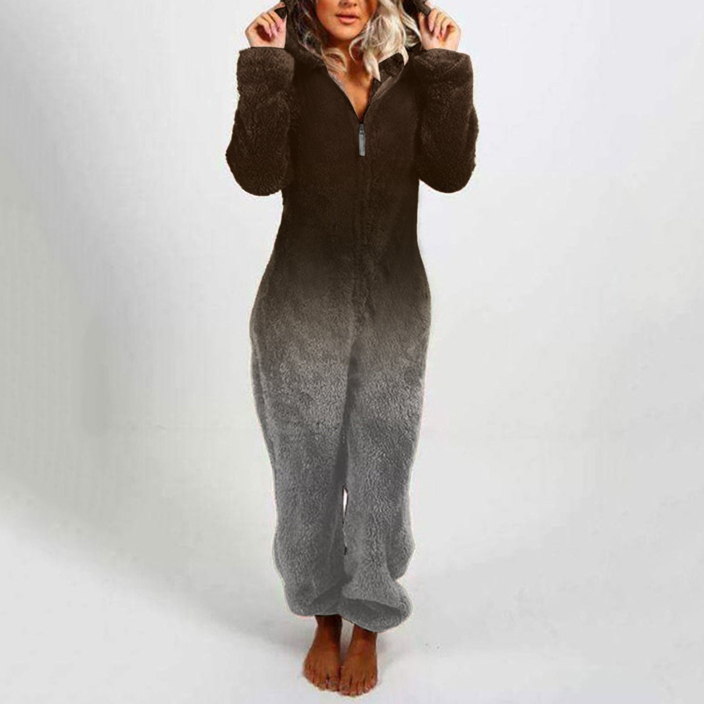 Women's Gradient Fleece Jumpsuit with Hood Trendy