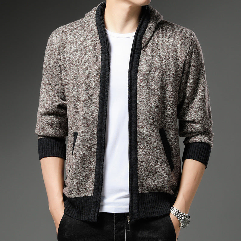 Men's Knitted Cardigan Modern Hood Black White