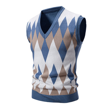 Men's Knitted Sleeveless Elegant Diamond Pattern Sweater