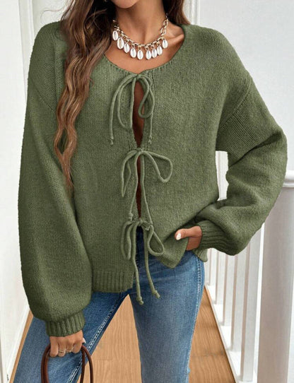 Damen Strickpullover Weich Großzügig Schnürdetail