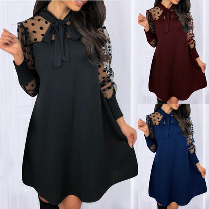 Damen Chiffonkleid Elegantes Pünktchen Design Mit Schleife - IdealeKleiden