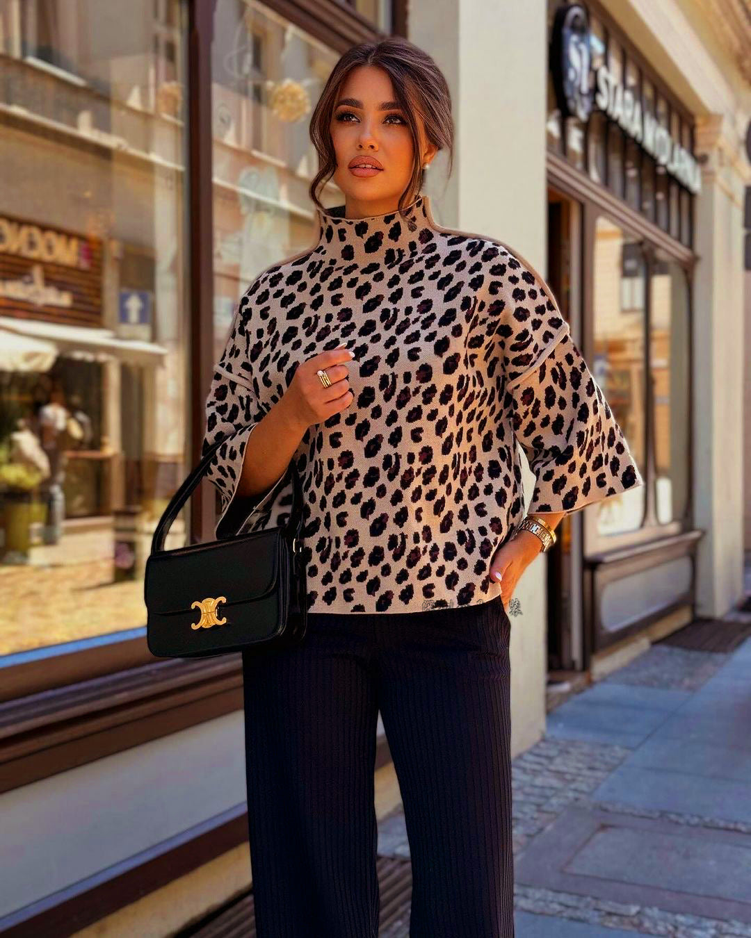 Stylish women's sweaters leopard print high collar