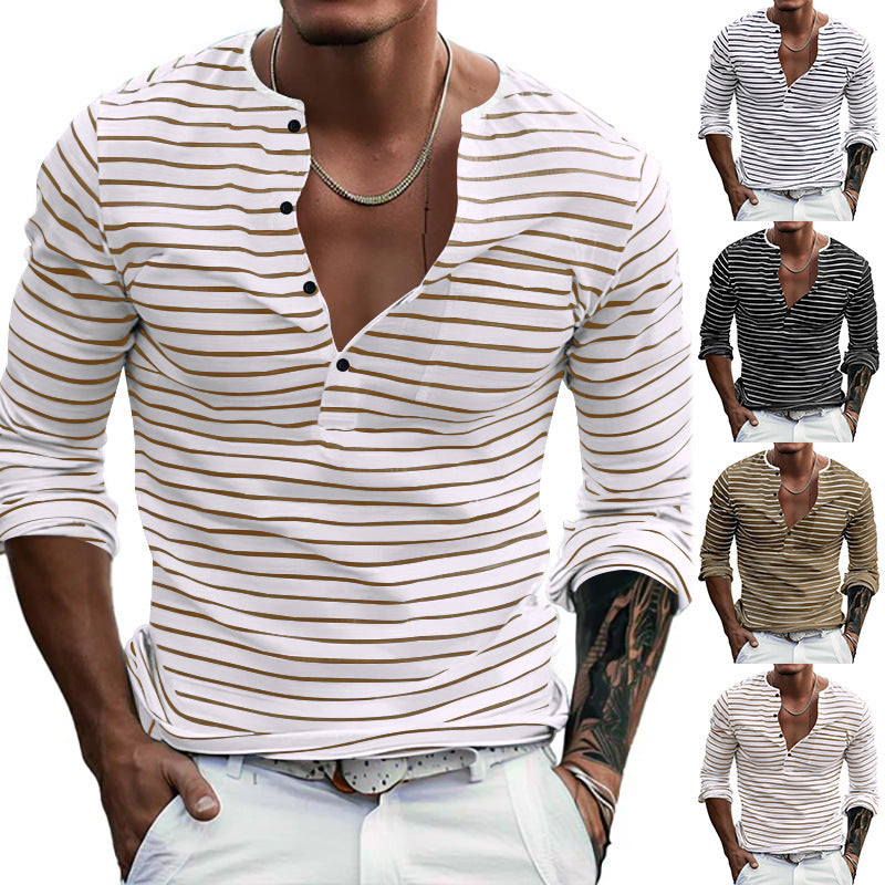 Herren Langarmshirt Streifenmuster Modern Knopfverschluss - IdealeKleiden