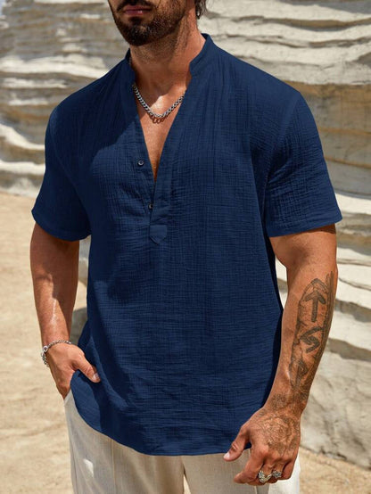 Men's Short Sleeve Shirt Modern Stand-up Collar Lightweight Cotton