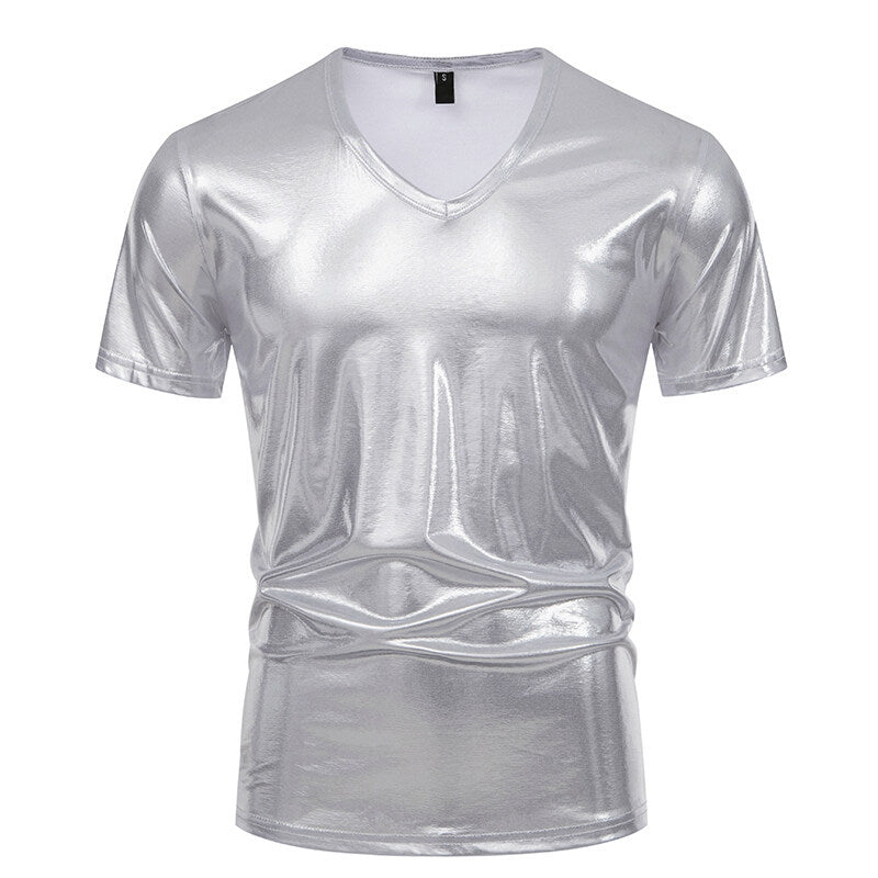 Men's T-Shirt V-Neck Shiny Fabric Modern Style