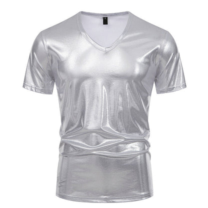 Men's T-Shirt V-Neck Shiny Fabric Modern Style