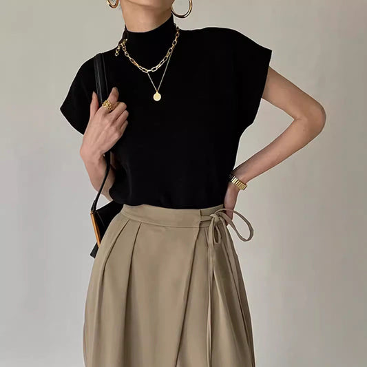 Damen Top Kurzarm Elegant Stehkragen - IdealeKleiden
