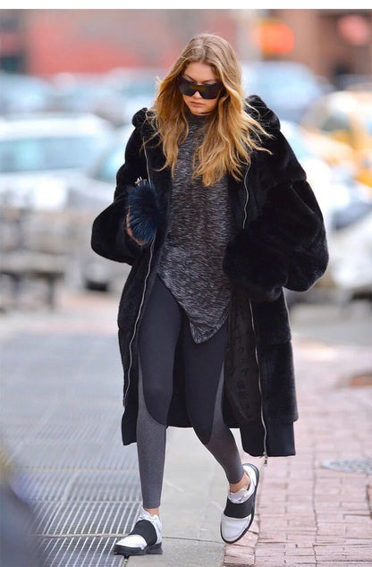 Oversized Women's Coat Faux Fur Hood & Pockets