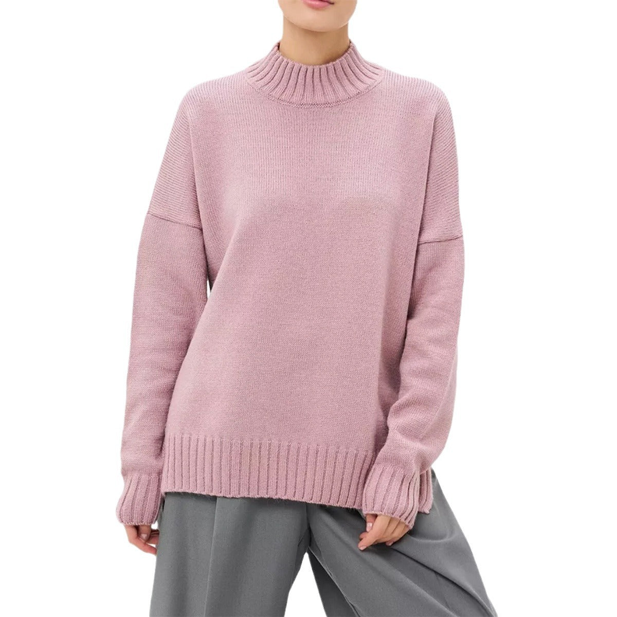 Oversized Ribbed Semi-High Collar Sweater