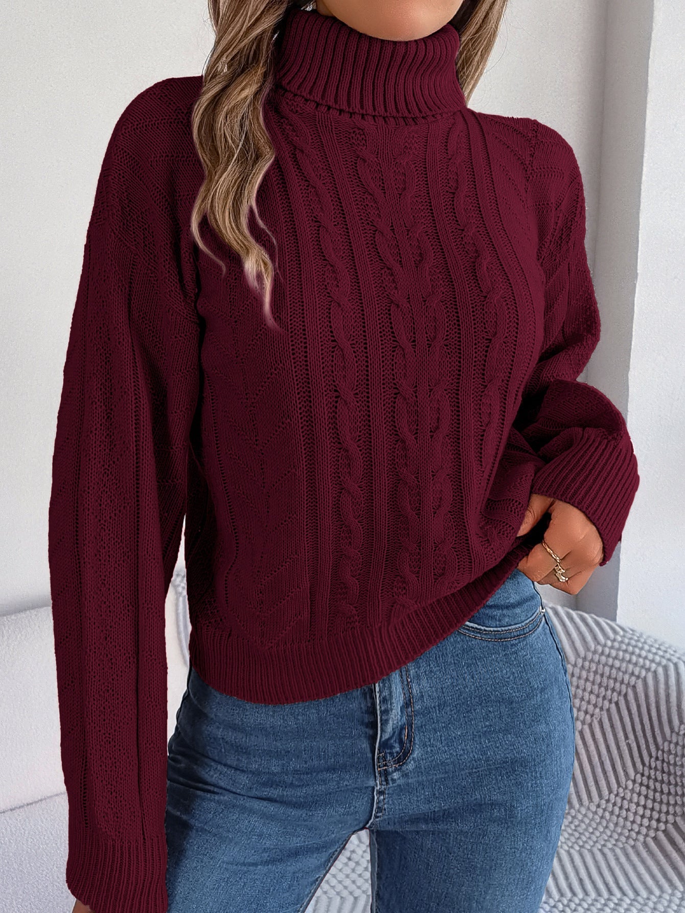 Women's Knitted Jumper Stand-up Collar Cable Pattern