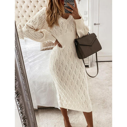 Women's Knitted Dress Elegant V-Neck Sheer Effect