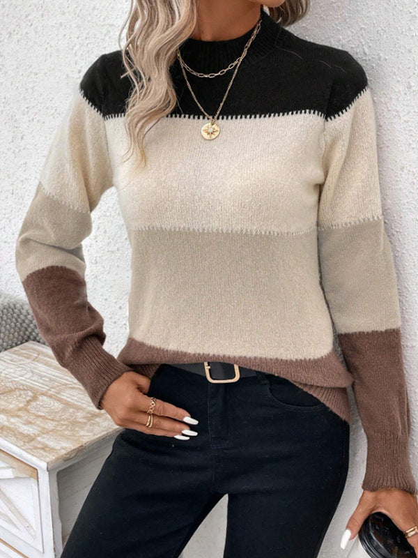 Women's Trendy Block Stripe High Collar Knitted Sweater