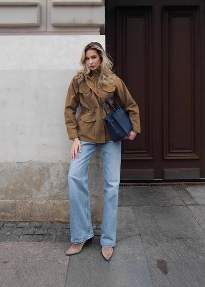 Stylische Cargo-Jacke Hochkragen Damen - IdealeKleiden