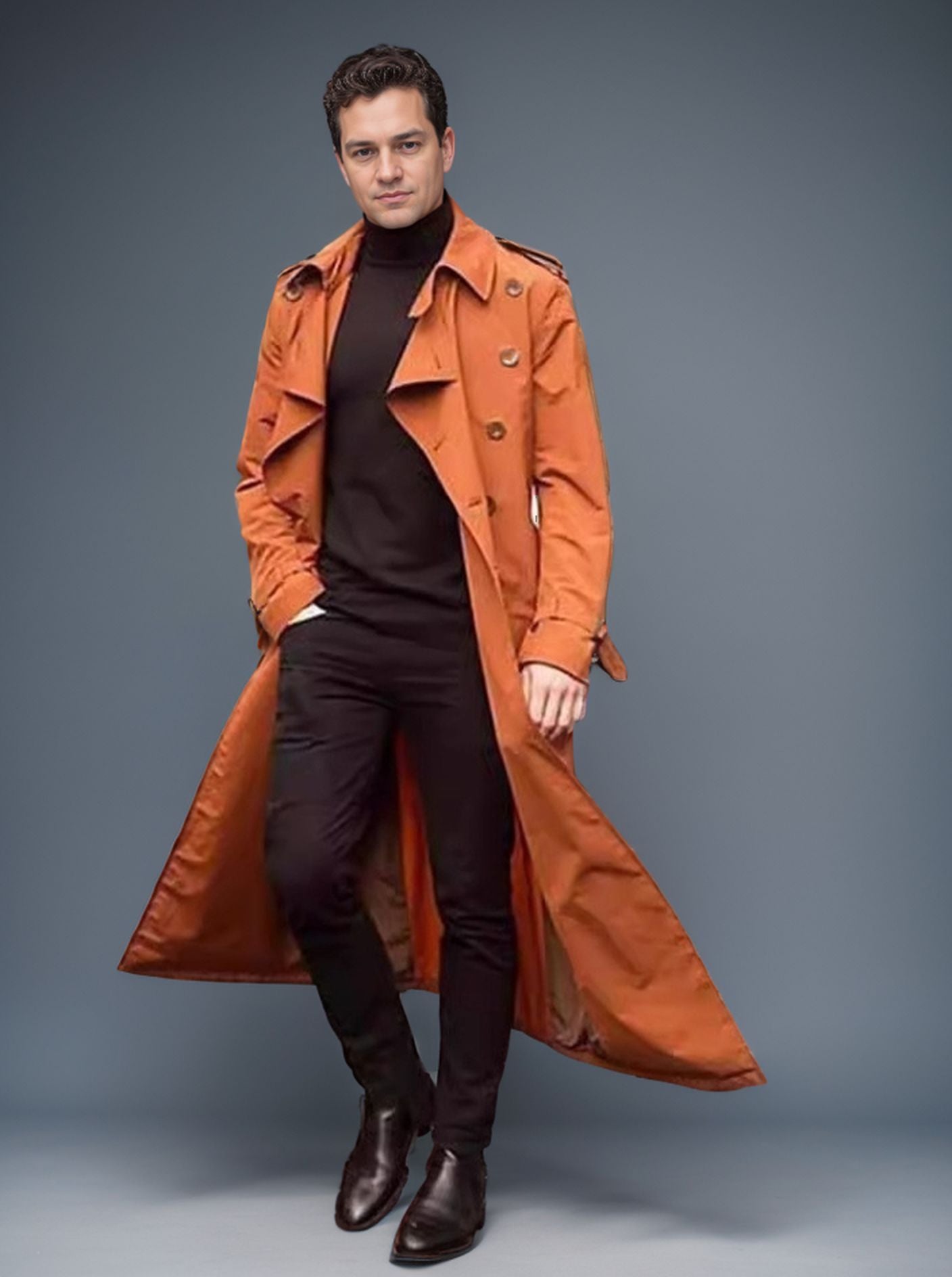 Men's Long Elegant Trench Coat with Pockets