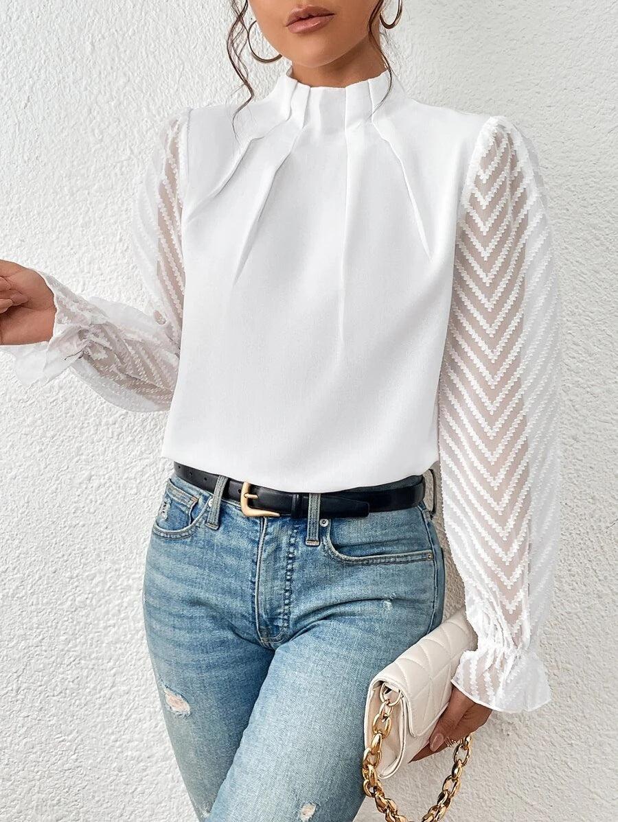 Elegant Blouse for Women Pleated Collar Sheer Sleeves