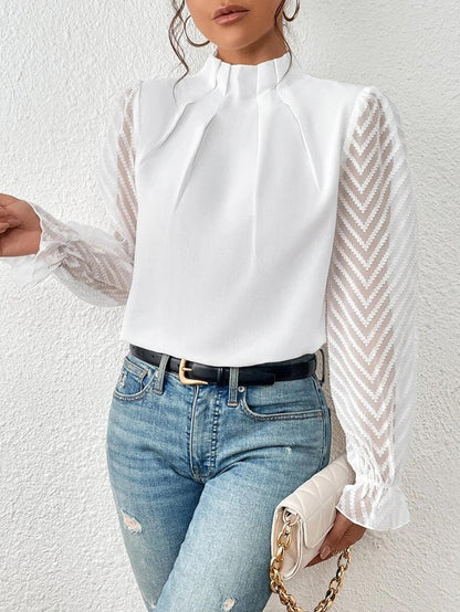 Elegant Blouse for Women Pleated Collar Sheer Sleeves