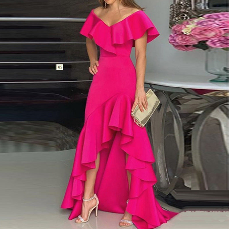 Damen Abendkleid Elegant Rüschen Asymmetrisch