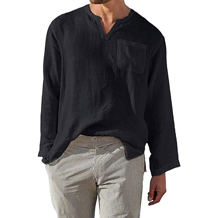 Men's Linen Long Sleeve Shirt Elegant Chest Pocket