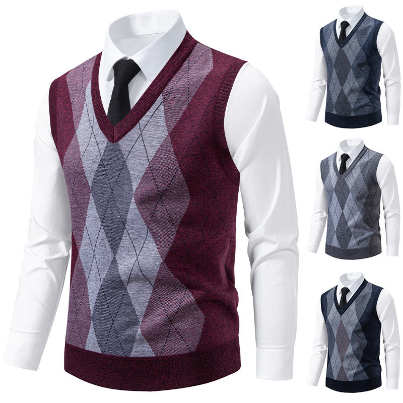 Herren Pullover V-Ausschnitt Klassisches Rautenmuster - IdealeKleiden