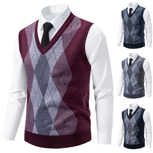 Herren Pullover V-Ausschnitt Klassisches Rautenmuster - IdealeKleiden
