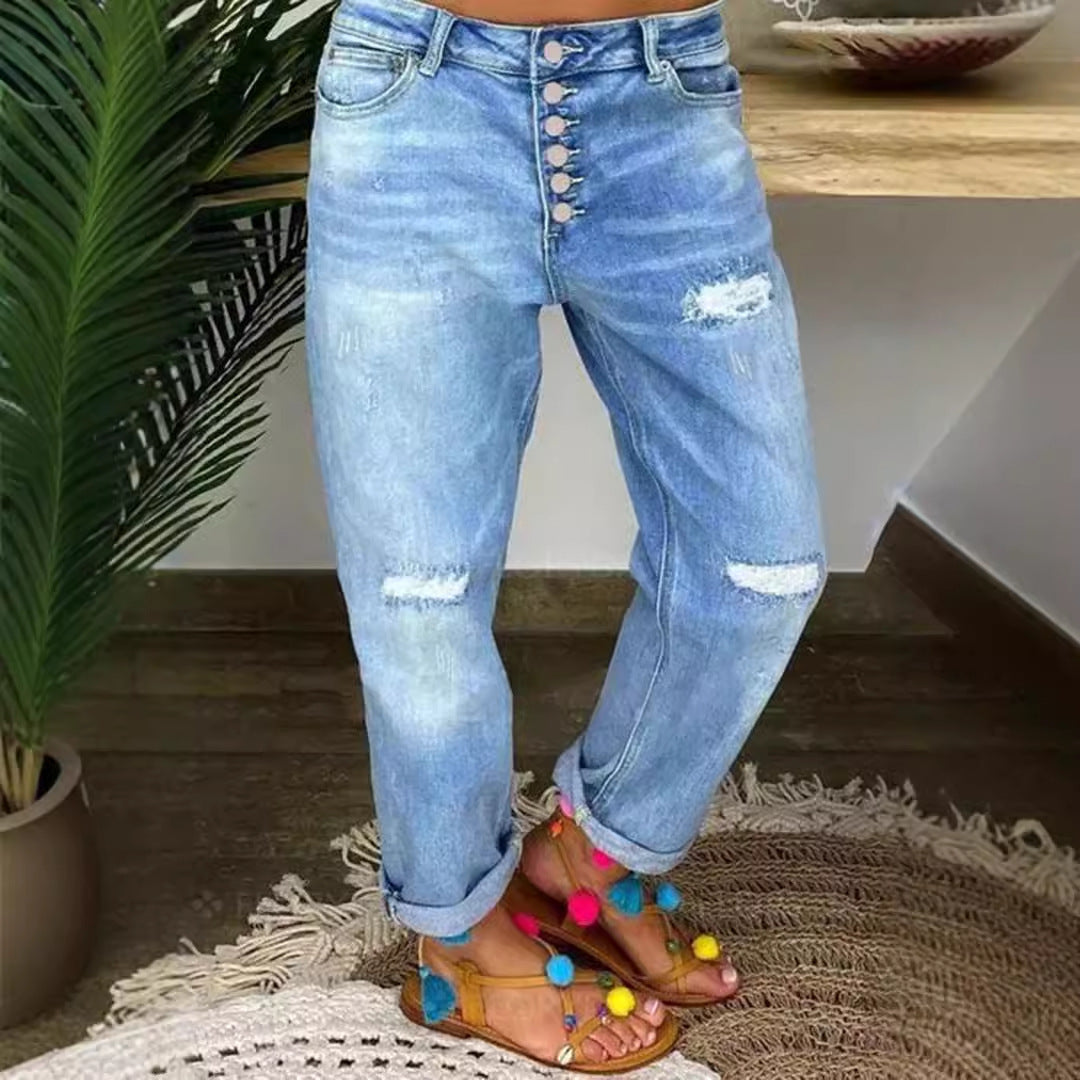 Damen Boyfriend Jeans Relaxed Fit mit Knöpfen