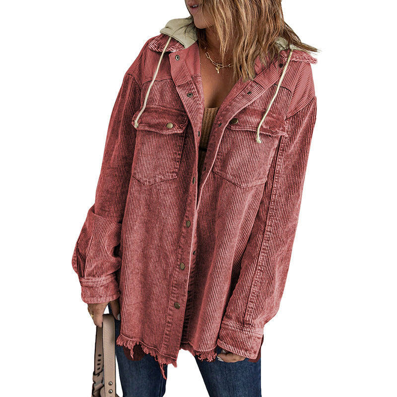 Large Oversized Jacket with Hood Corduroy Look
