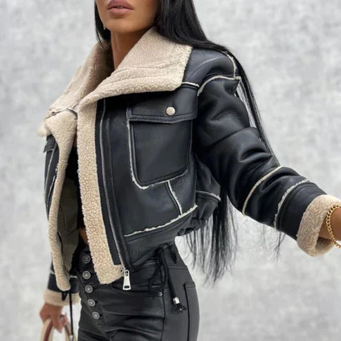 Stylish Leather Jacket Black Teddy Fleece Lining Women