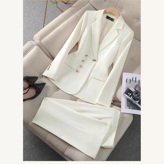 Damen Business Anzug Set Elegant Blazer Hose Gold Knöpfe - IdealeKleiden