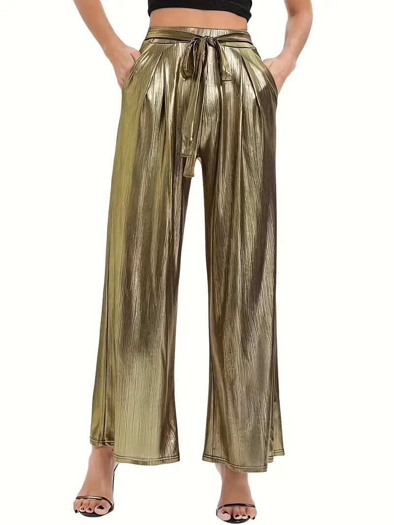 Women's Pleated Trousers Elegant Shiny High-Quality