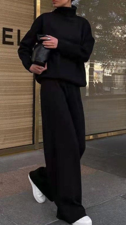 Women's Elegant High-Neck Knitted Wide-Leg Suit