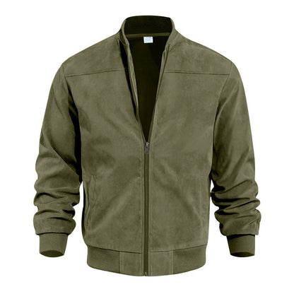 Leather coat bomber jacket suede look high collar elastic