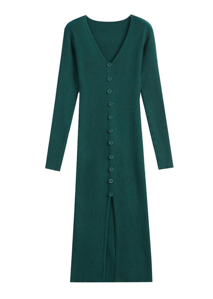 Women's Maxi Dress Long Sleeve Ribbed Elegant Button Design