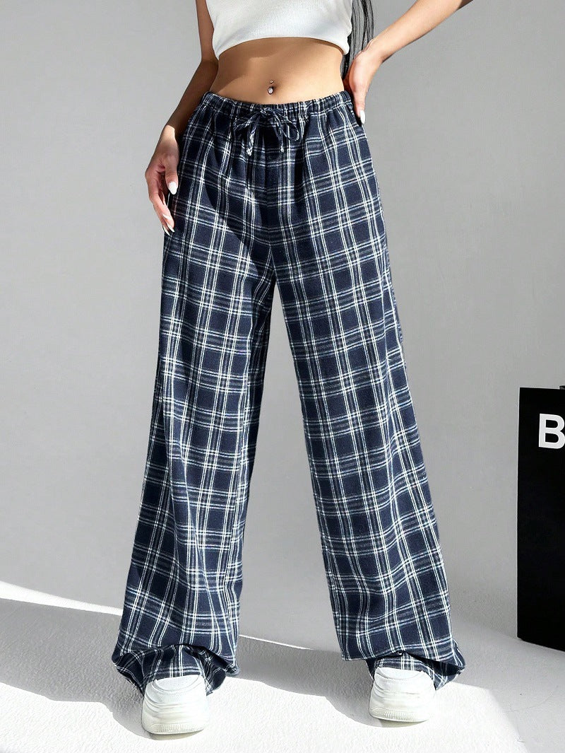 Women's Trousers Plaid Pattern Comfortable Cotton Elastic Waistband
