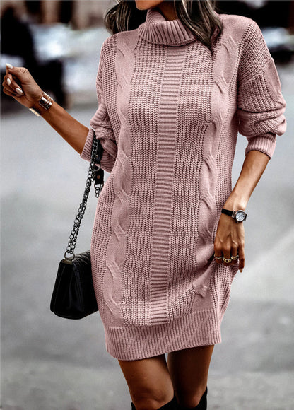 Women's Knitted Dress High Collar Cord Pattern Elegance