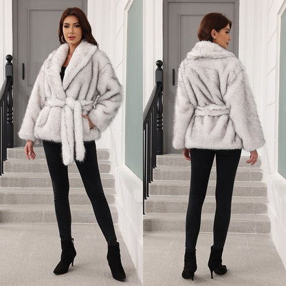 Women's Faux Fur Coat Chic with Belt and Wide Collar