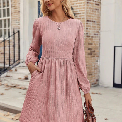 Women's A-Line Dress with Puff Sleeves Elegant Ribbed Knit Design