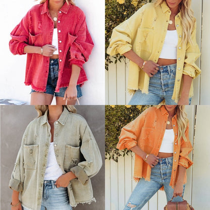 Damen Oversized Jeans-Bluse mit Fransen Trendy Style - IdealeKleiden