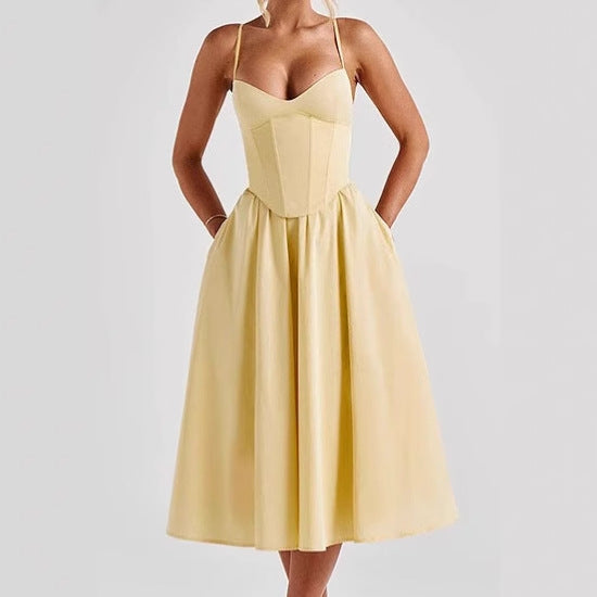 Women's Elegant Midi Dress with Bra and Voluminous Skirt