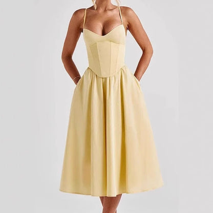 Women's Elegant Midi Dress with Bra and Voluminous Skirt