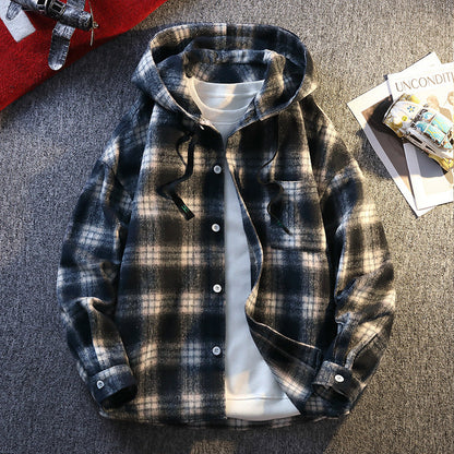 Men's Plaid Flannel Jacket Hooded Modern