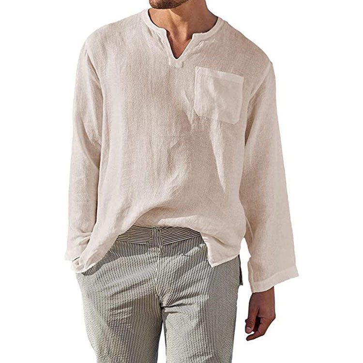 Men's Linen Long Sleeve Shirt Elegant Chest Pocket