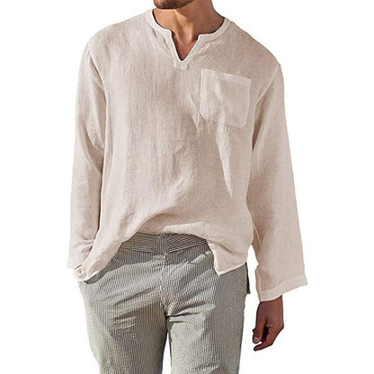 Men's Linen Long Sleeve Shirt Elegant Chest Pocket