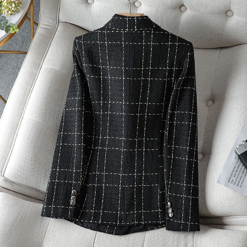 Stylischer Blazer Tweed Optik Doppelreihen Knöpfe Karomuster - IdealeKleiden