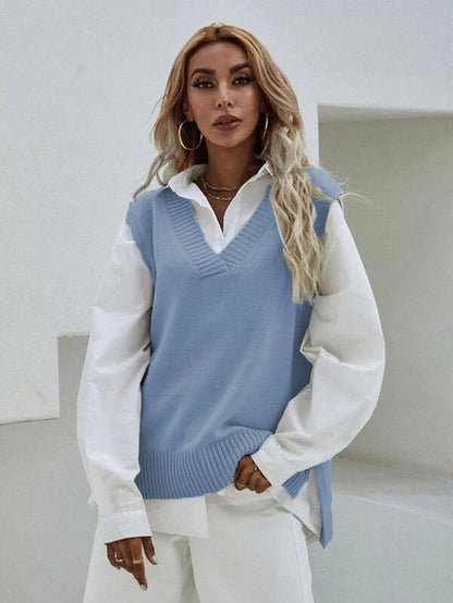 Women's Knitted Vest V-Neck Wide Rib Knit