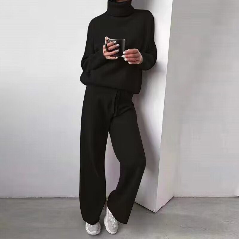 Women's Knitted Lounge Set Wide Leg Trousers Elegant Round Neck