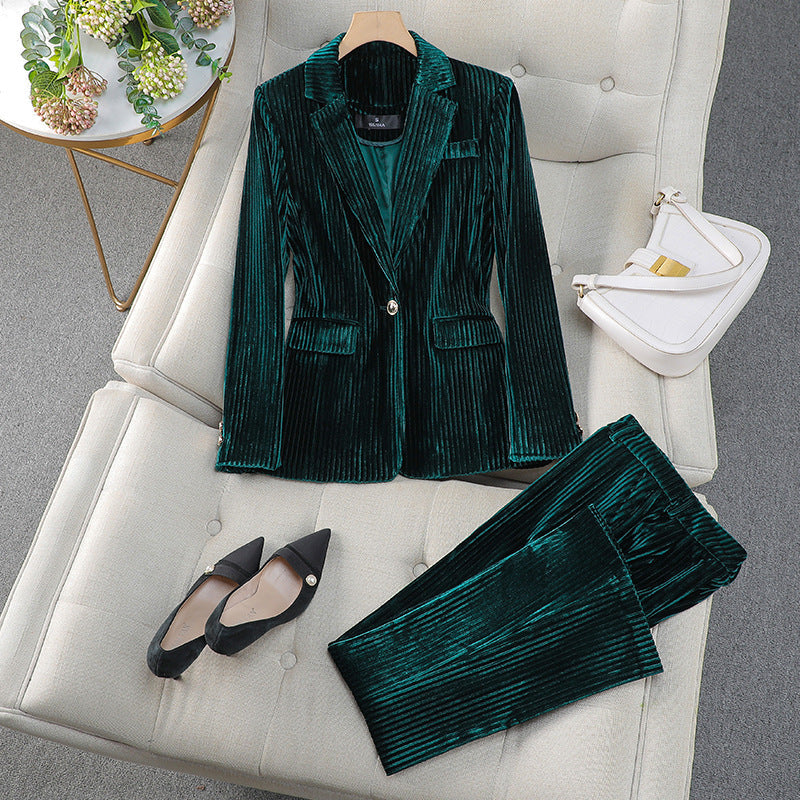 Women's Business Suit Set with Long Velvet Blazer