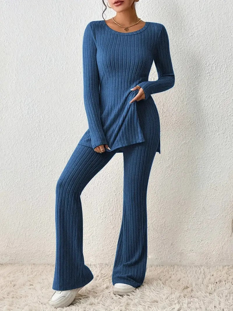 Women's Lounge Set Finely Ribbed Long-Sleeved Comfortable
