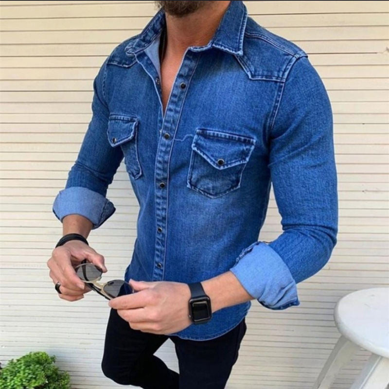 Men's Denim Shirt Modern Slim Fit Chest Pockets