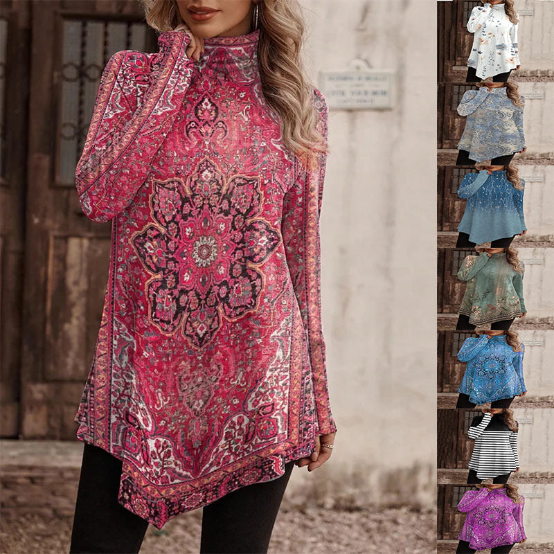 Damen Tunika Blumenmuster Hochkragen - IdealeKleiden