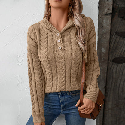 Damen Strickpulli Kapuze Zopf Muster Winter - IdealeKleiden